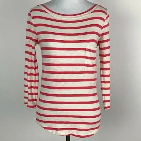 J Crew top size XXS Pink white striped 3/4 sleeve - Picture 1 of 10